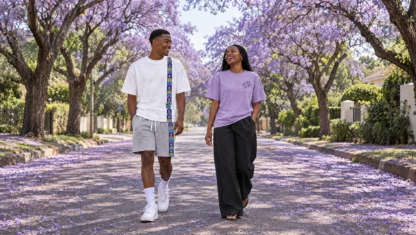 Two friends walk down a Johannesburg street under blooming jacaranda trees wearing The Line Tee, The Line Shorts and the Jacaranda Tee