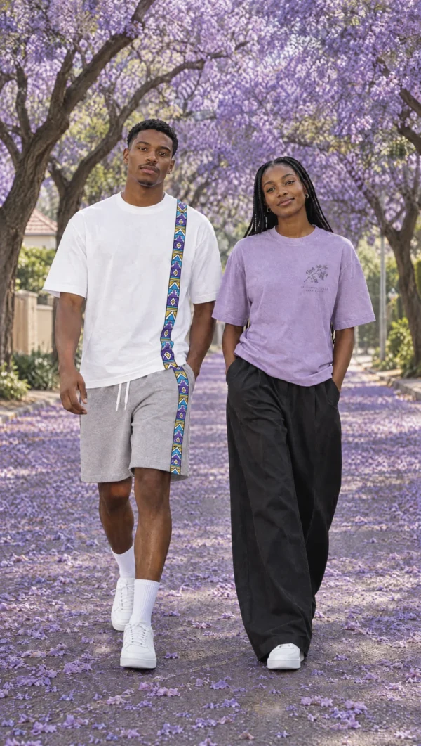 Two friends walk under blooming jacaranda trees in Johannesburg wearing The Line Tee, The Line Shorts and the Jacaranda Tee