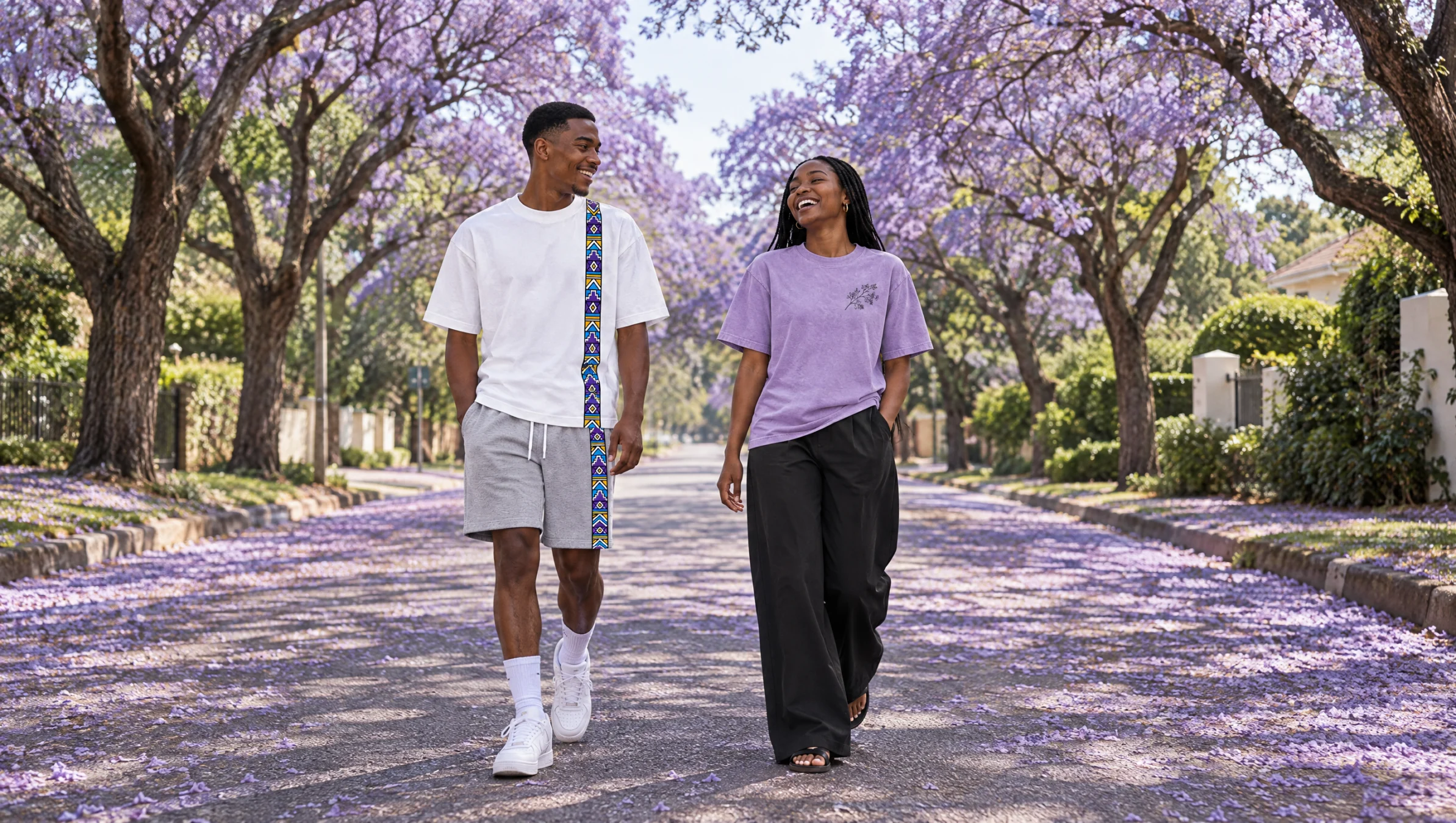 Two friends walk down a Johannesburg street under blooming jacaranda trees wearing The Line Tee, The Line Shorts and the Jacaranda Tee