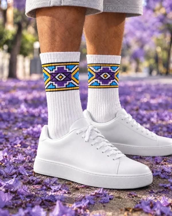 White crew socks with an Ndebele-inspired geometric cuff band worn with white sneakers on a pavement of fallen jacaranda blossoms