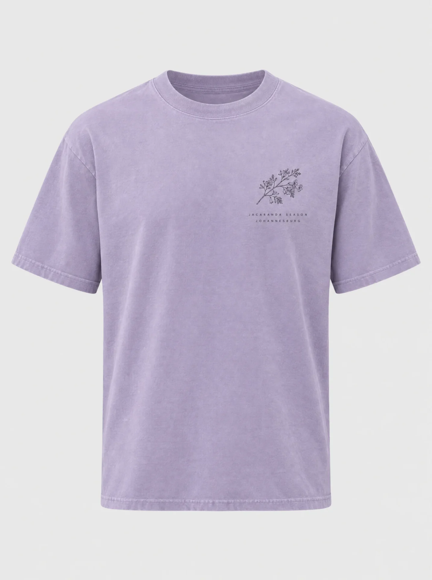 Lilac garment-dyed T-shirt with a small jacaranda branch and Jacaranda Season Johannesburg chest print