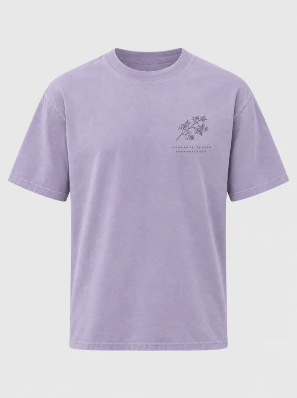 Lilac garment-dyed T-shirt with a small jacaranda branch and Jacaranda Season Johannesburg chest print