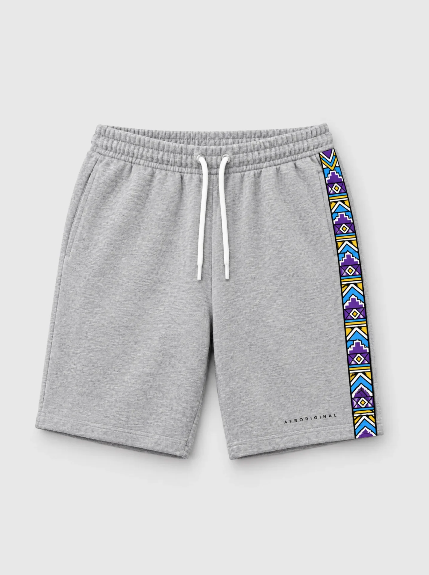 Grey sweat shorts with an Ndebele-inspired geometric strip down the side seam