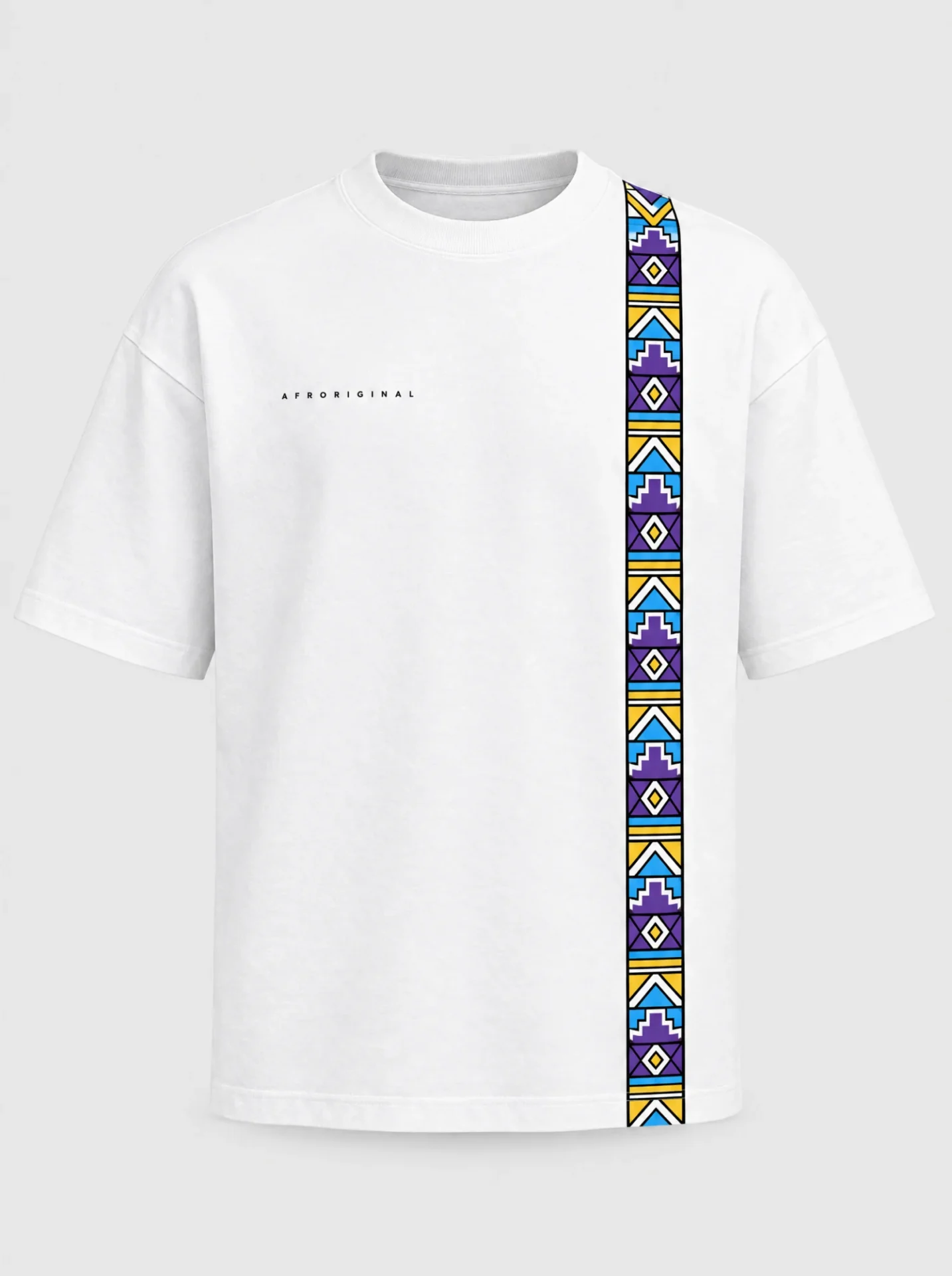White heavyweight T-shirt with a single vertical Ndebele-inspired geometric strip in lilac, sky blue and yellow