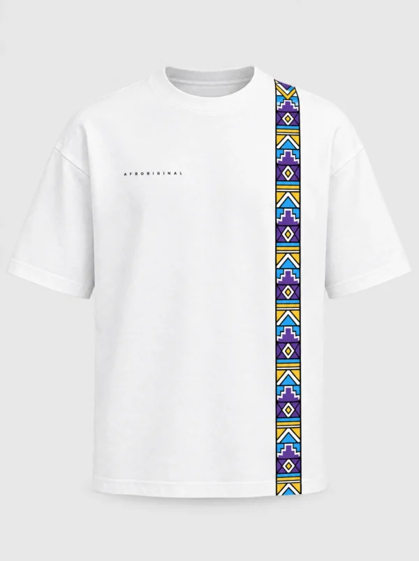 White heavyweight T-shirt with a single vertical Ndebele-inspired geometric strip in lilac, sky blue and yellow