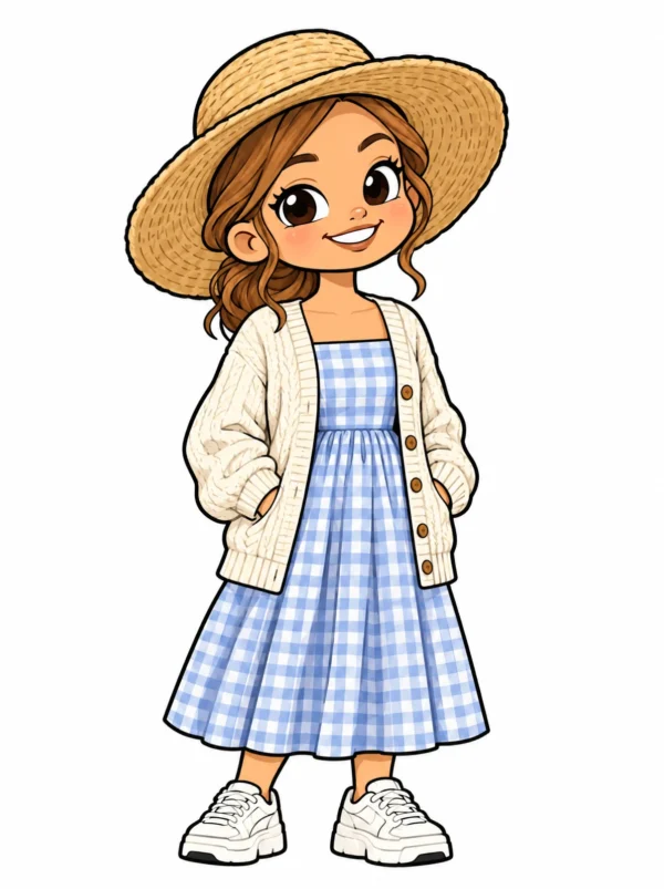 Cartoon illustration of a young Afrikaans South African woman in traditional dress with modern streetwear