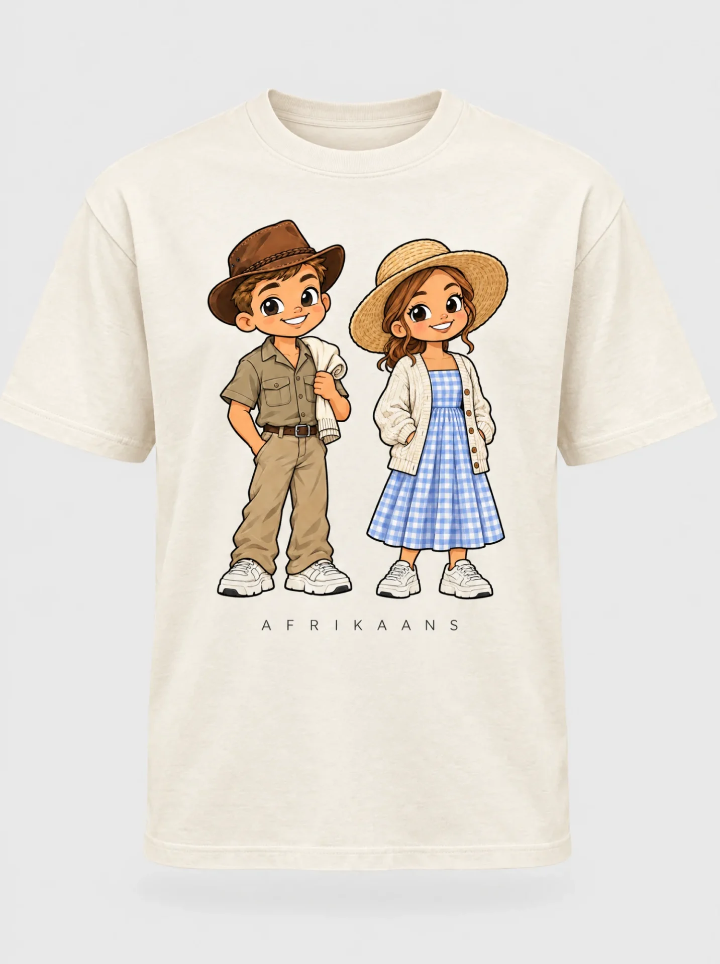 Cream heavyweight t-shirt printed with the Afrikaans pair of Afroriginal heritage characters