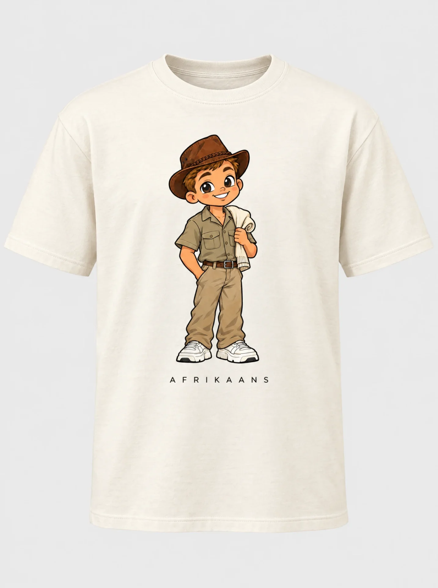 Cream heavyweight t-shirt printed with the Afrikaans man character from the Afroriginal heritage series