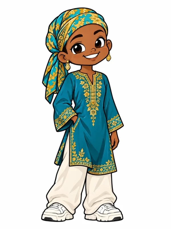 Cartoon illustration of a young Cape Malay South African woman in traditional dress with modern streetwear