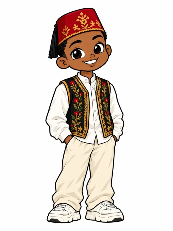 Cartoon illustration of a young Cape Malay South African man in traditional dress with modern streetwear