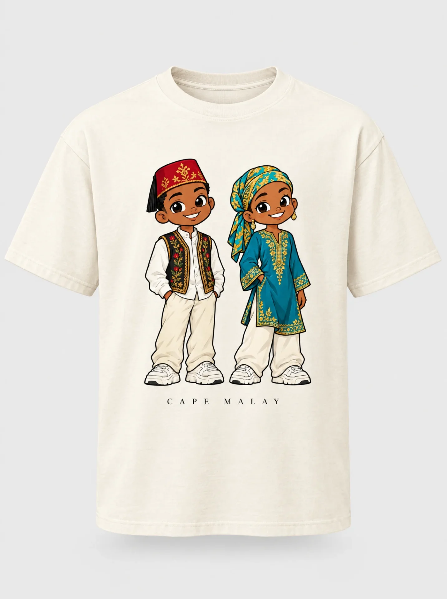 Cream heavyweight t-shirt printed with the Cape Malay pair of Afroriginal heritage characters