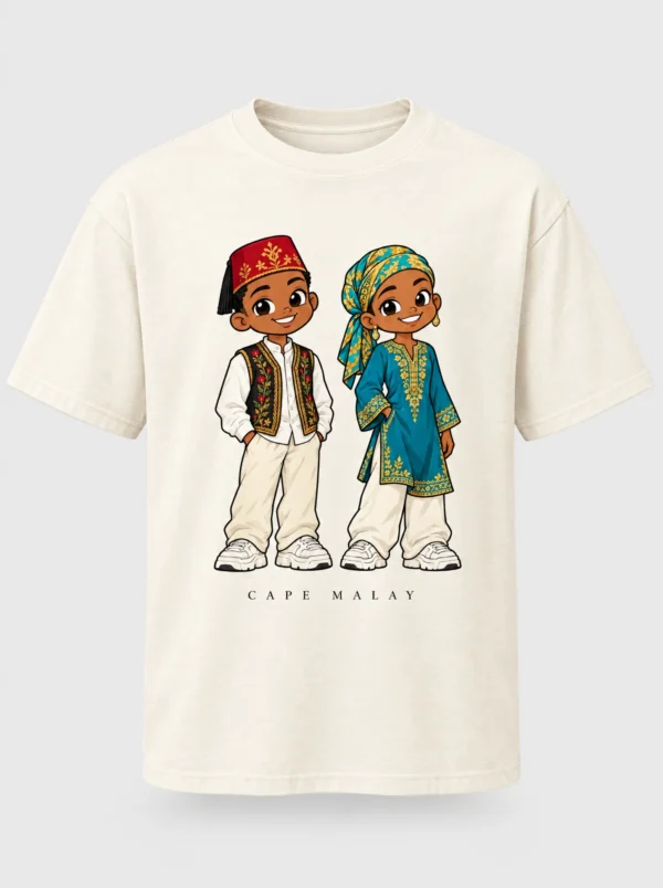 Cream heavyweight t-shirt printed with the Cape Malay pair of Afroriginal heritage characters