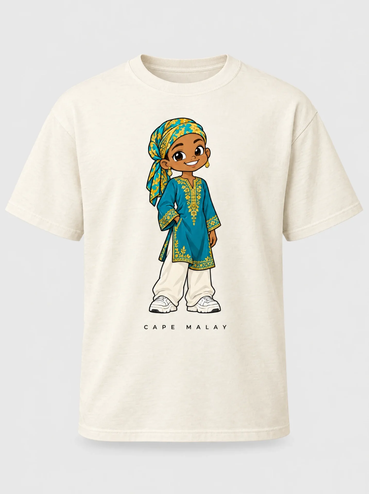 Cream heavyweight t-shirt printed with the Cape Malay woman character from the Afroriginal heritage series