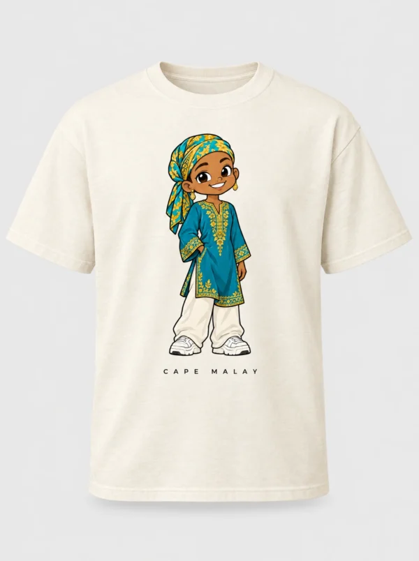 Cream heavyweight t-shirt printed with the Cape Malay woman character from the Afroriginal heritage series