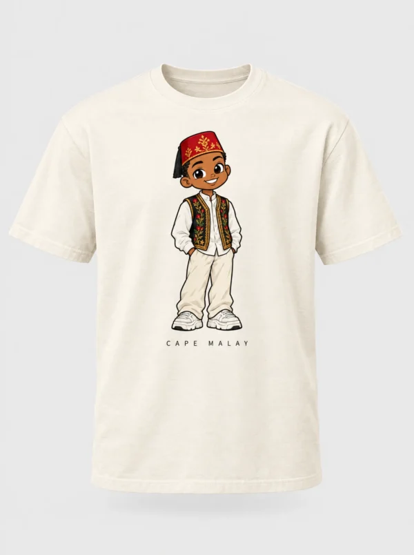 Cream heavyweight t-shirt printed with the Cape Malay man character from the Afroriginal heritage series