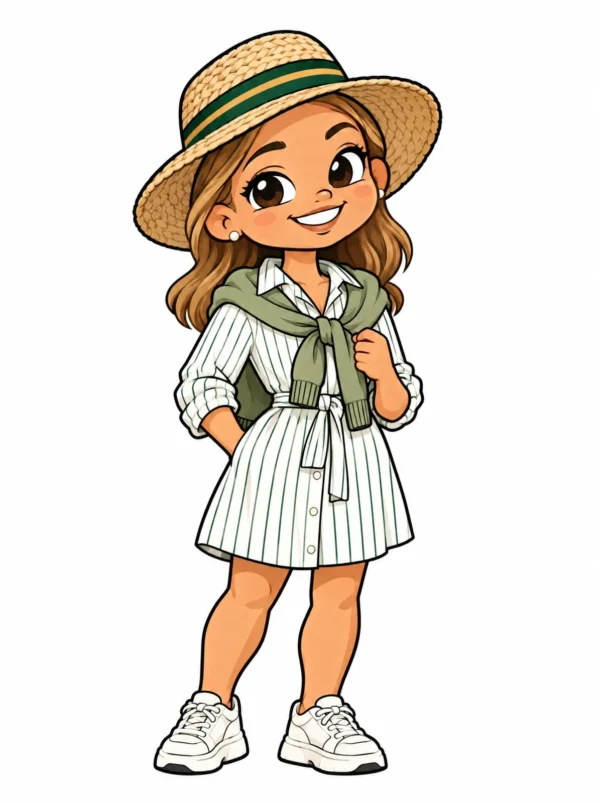 Cartoon illustration of a young English South African South African woman in traditional dress with modern streetwear
