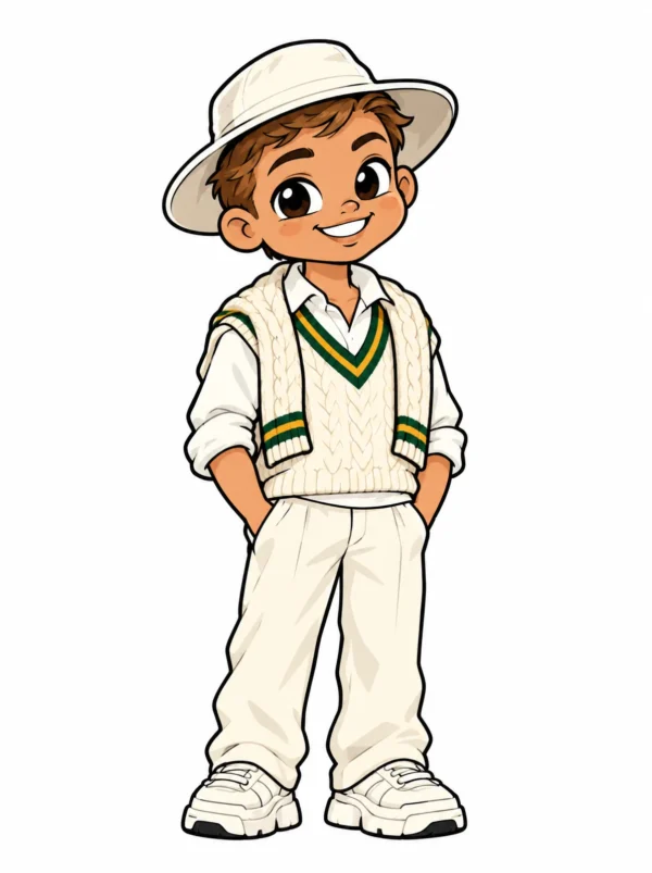 Cartoon illustration of a young English South African South African man in traditional dress with modern streetwear