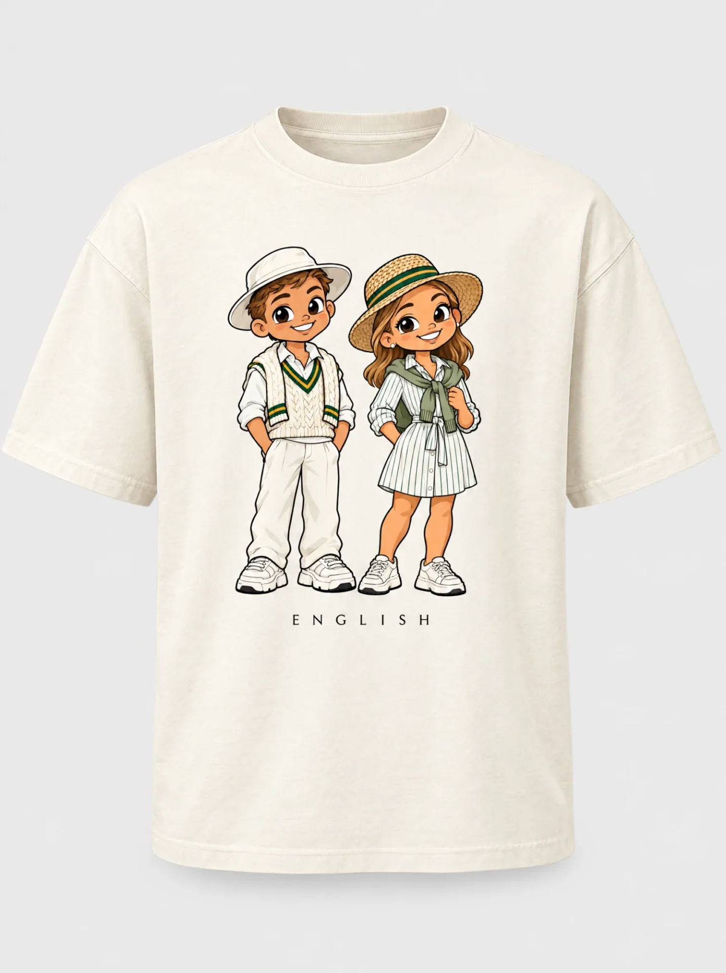 Cream heavyweight t-shirt printed with the English South African pair of Afroriginal heritage characters