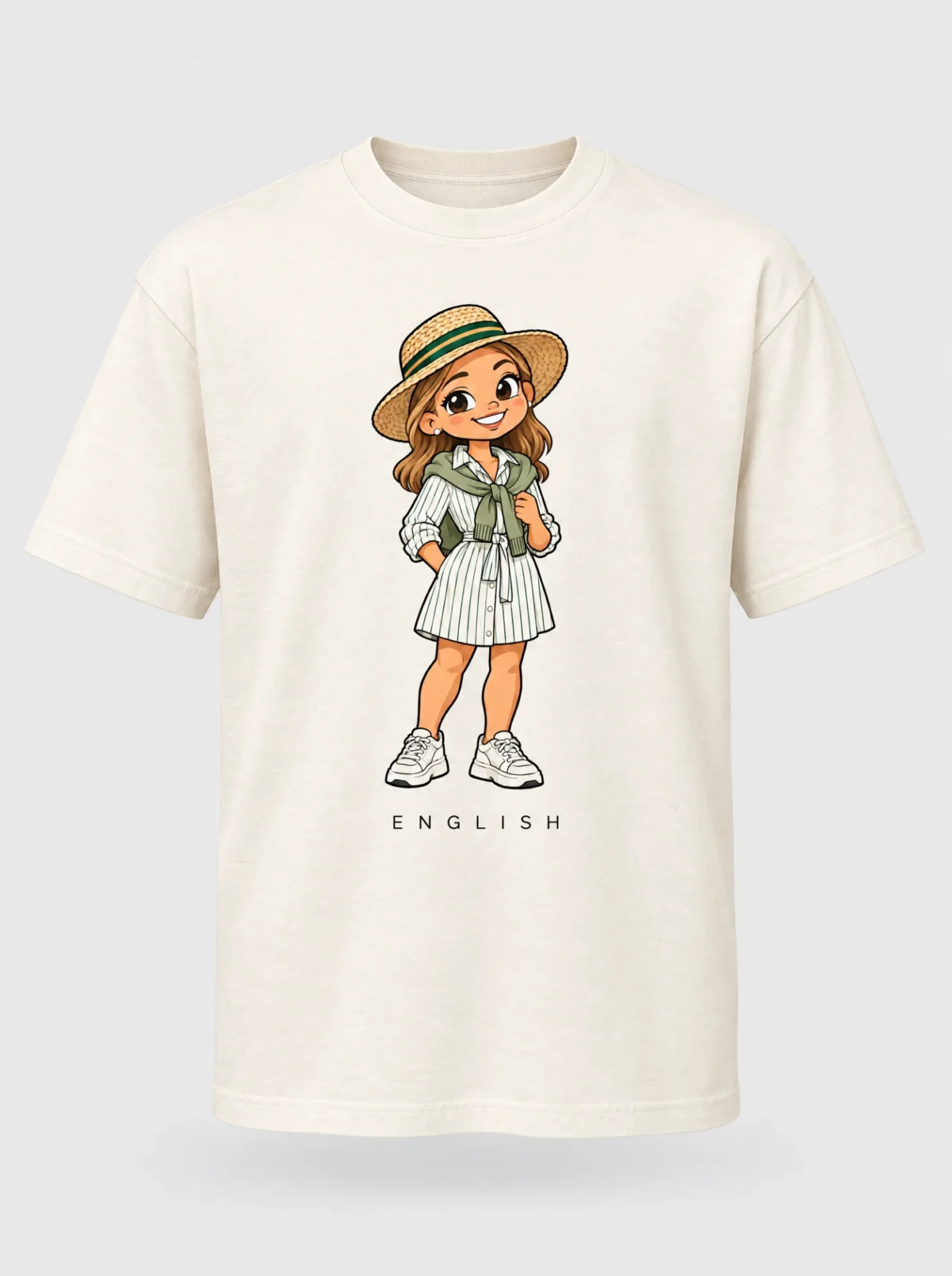 Cream heavyweight t-shirt printed with the English South African woman character from the Afroriginal heritage series