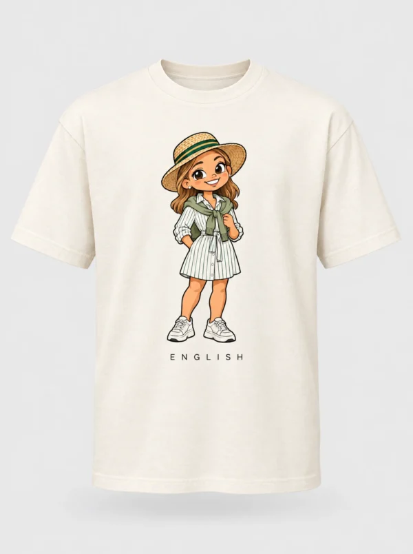 Cream heavyweight t-shirt printed with the English South African woman character from the Afroriginal heritage series