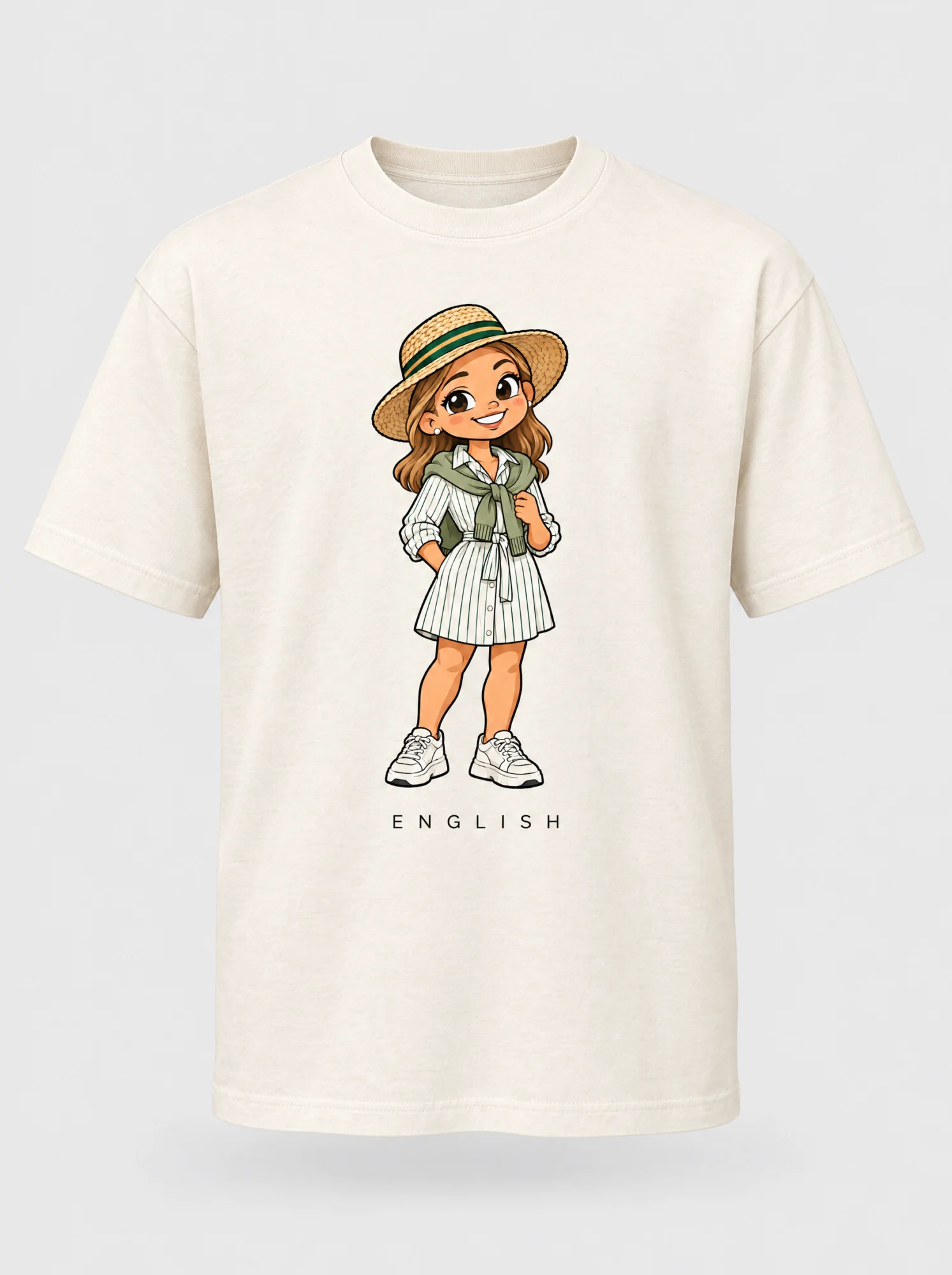 Cream heavyweight t-shirt printed with the English South African woman character from the Afroriginal heritage series