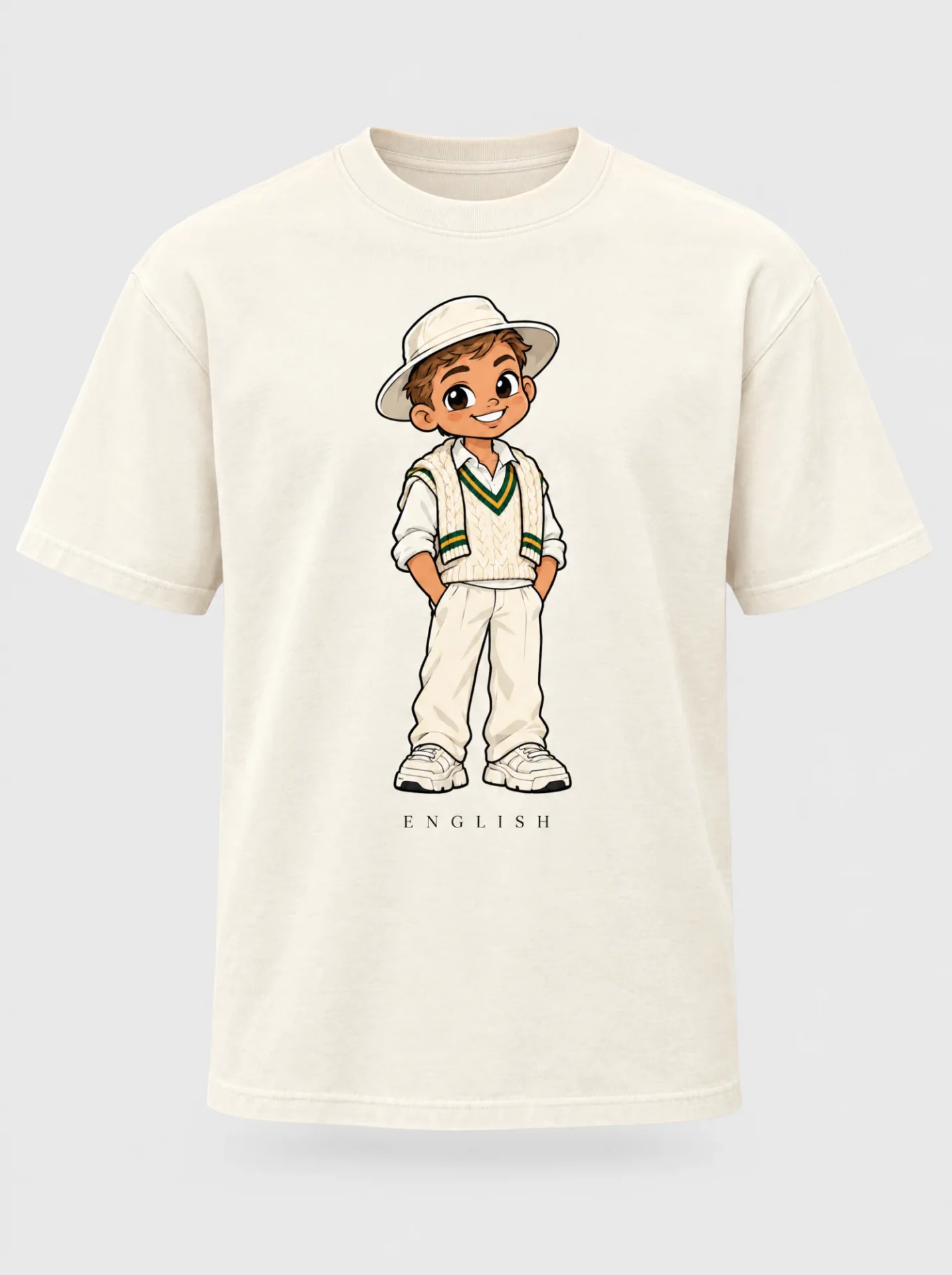 Cream heavyweight t-shirt printed with the English South African man character from the Afroriginal heritage series