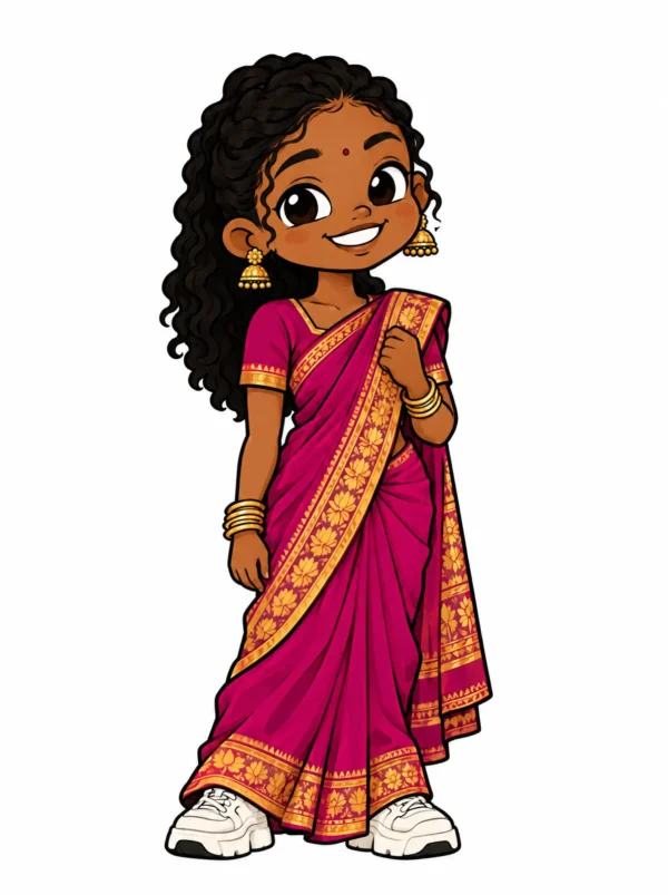 Cartoon illustration of a young Indian South African South African woman in traditional dress with modern streetwear