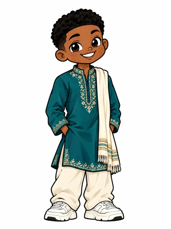 Cartoon illustration of a young Indian South African South African man in traditional dress with modern streetwear