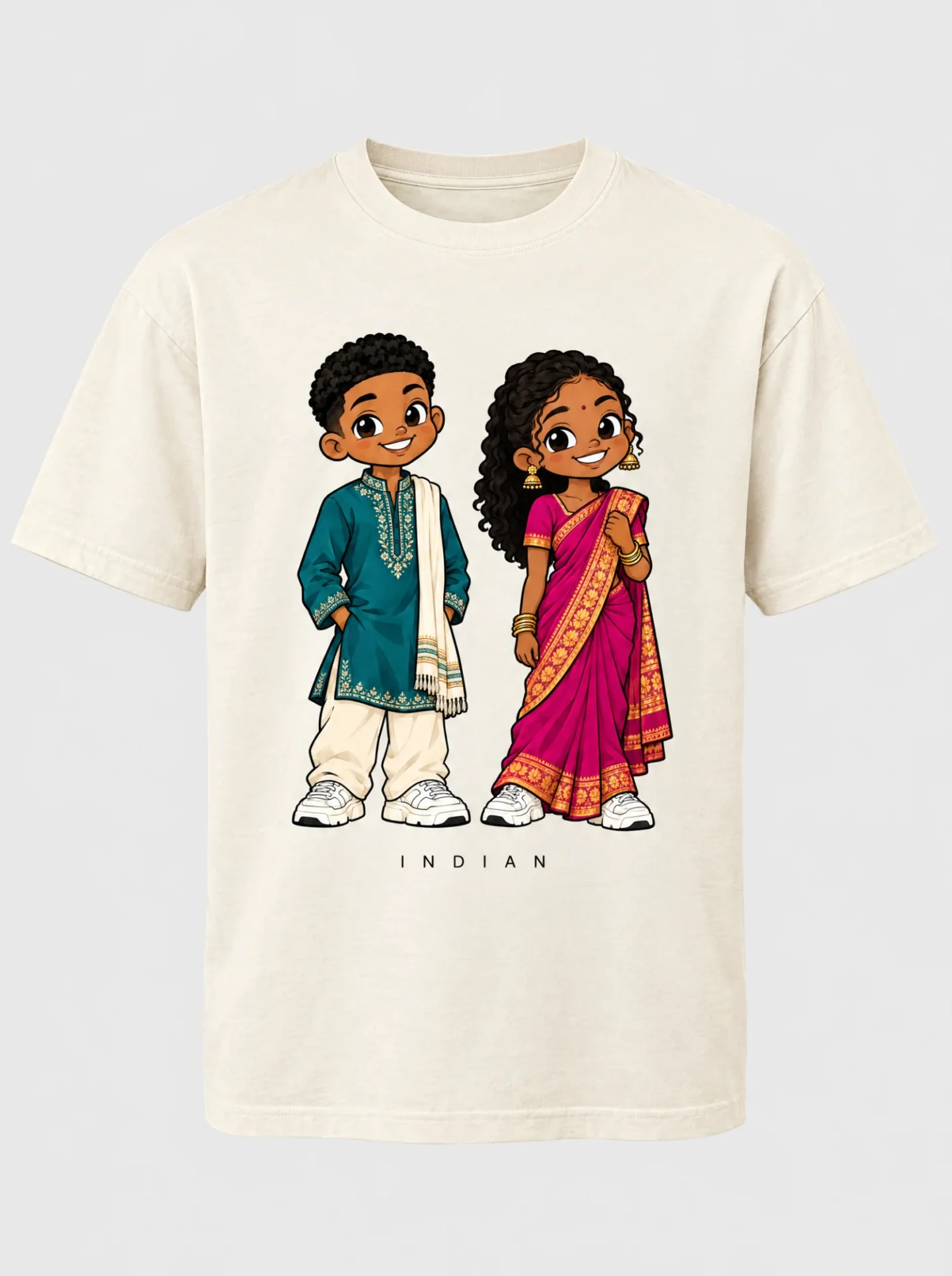Cream heavyweight t-shirt printed with the Indian South African pair of Afroriginal heritage characters