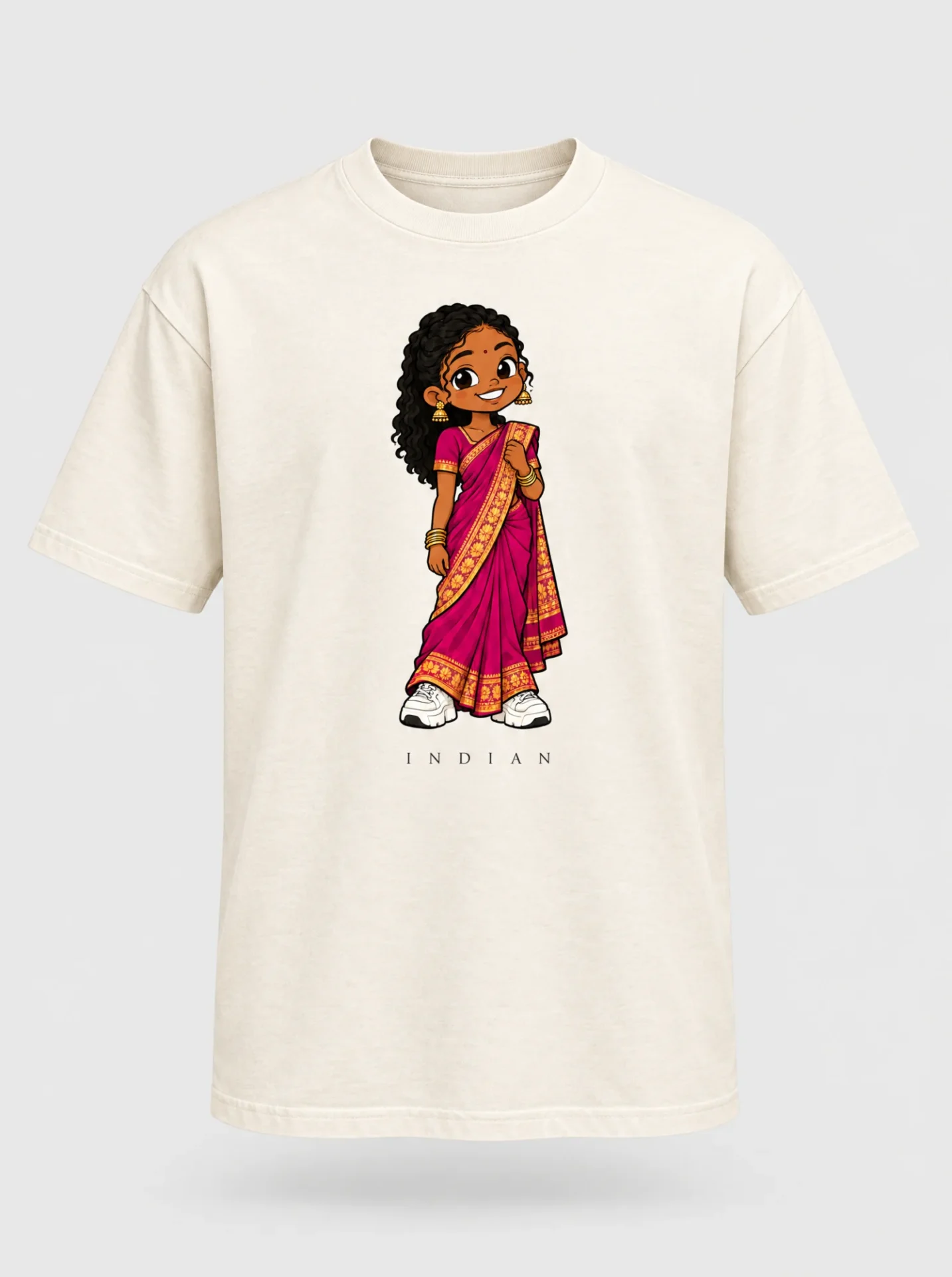 Cream heavyweight t-shirt printed with the Indian South African woman character from the Afroriginal heritage series