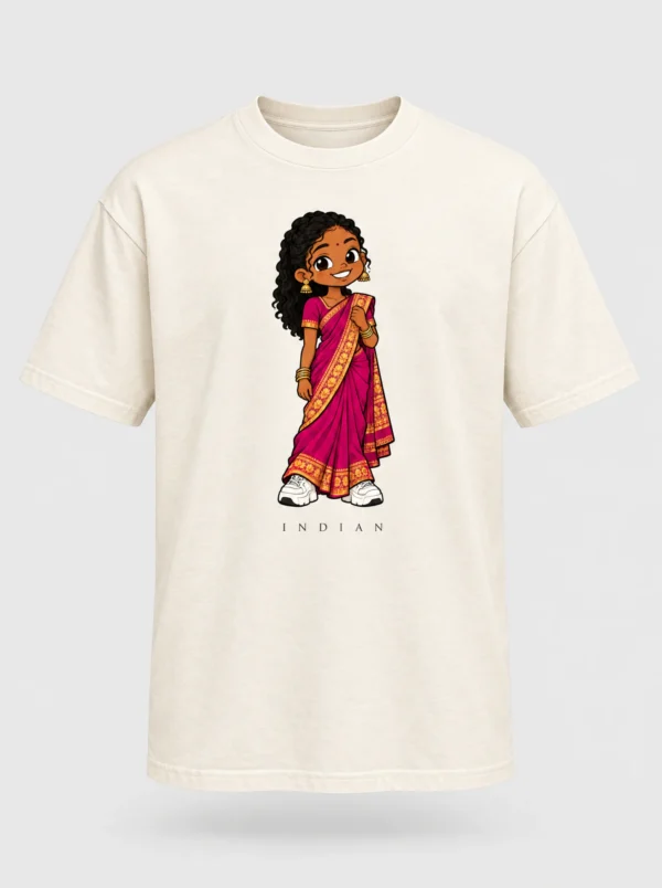 Cream heavyweight t-shirt printed with the Indian South African woman character from the Afroriginal heritage series