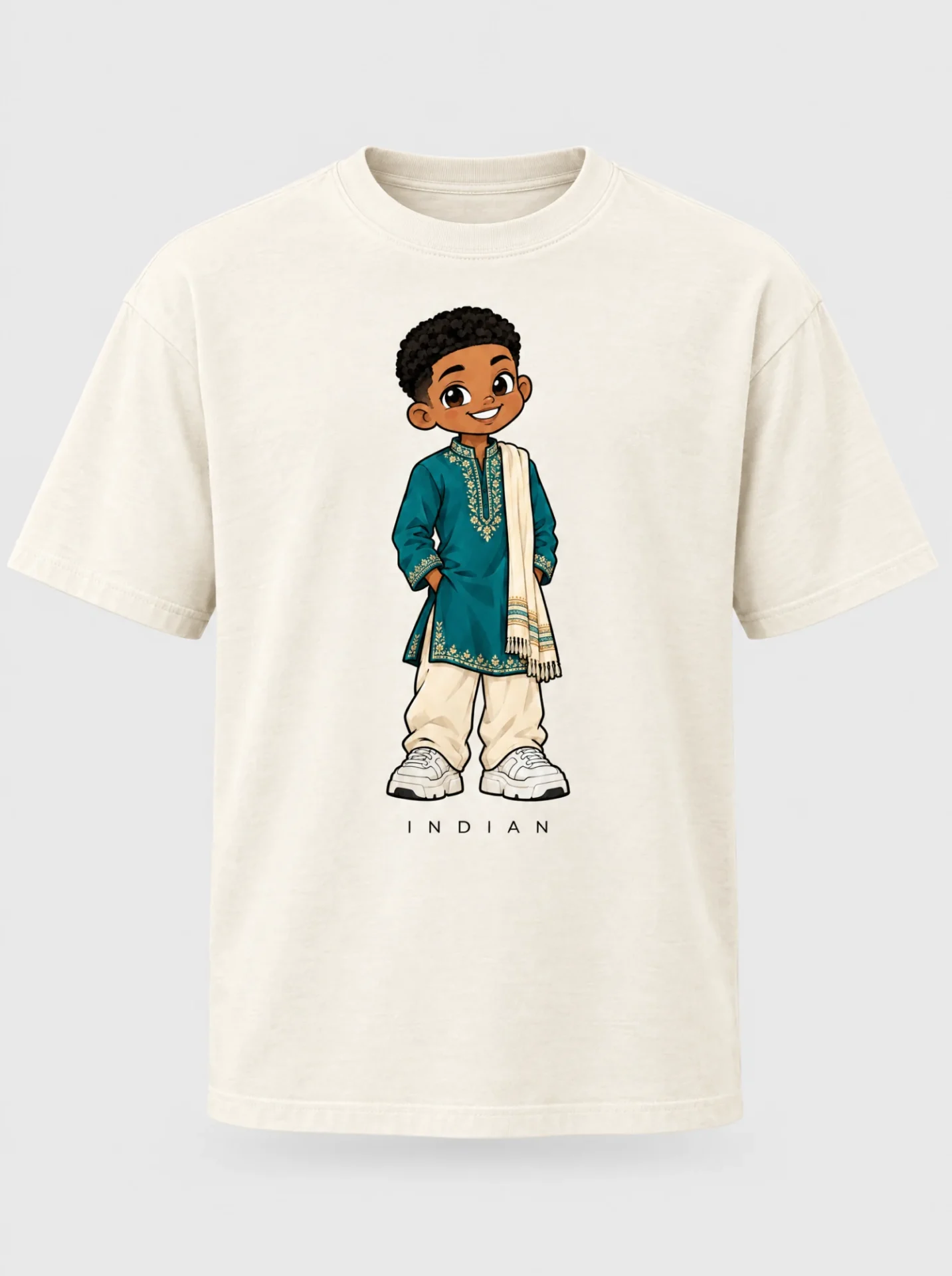 Cream heavyweight t-shirt printed with the Indian South African man character from the Afroriginal heritage series