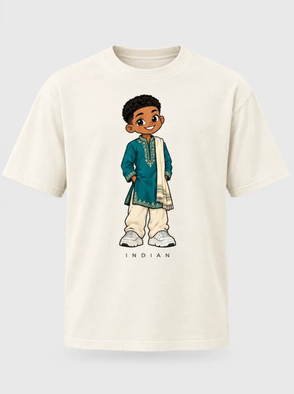 Cream heavyweight t-shirt printed with the Indian South African man character from the Afroriginal heritage series