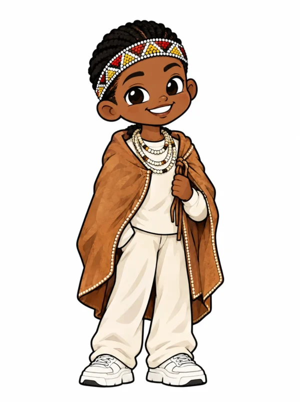 Cartoon illustration of a young Khoisan South African woman in traditional dress with modern streetwear