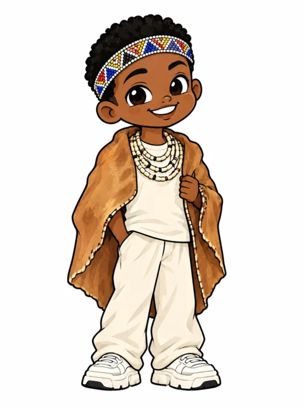 Cartoon illustration of a young Khoisan South African man in traditional dress with modern streetwear