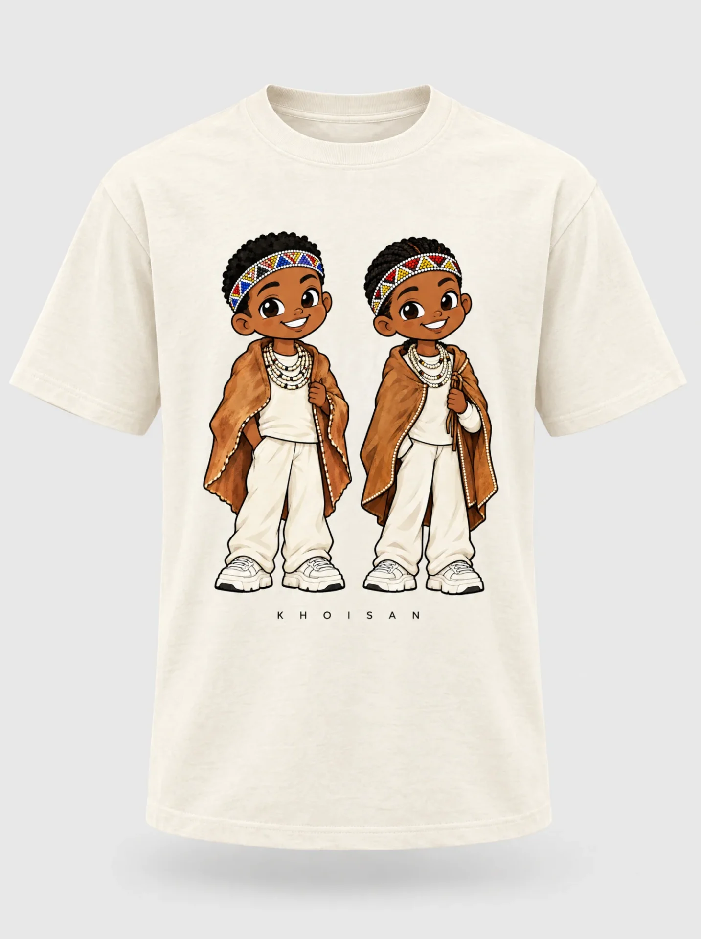 Cream heavyweight t-shirt printed with the Khoisan pair of Afroriginal heritage characters