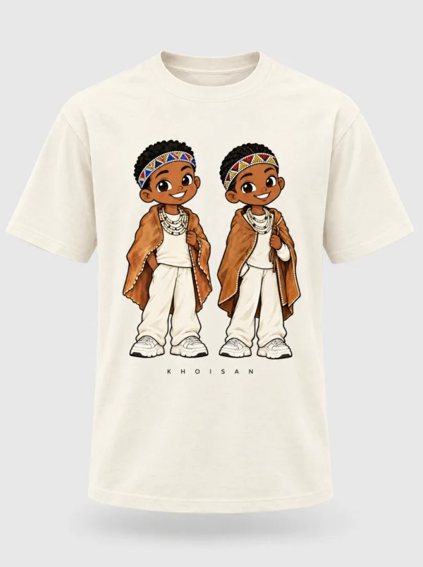 Cream heavyweight t-shirt printed with the Khoisan pair of Afroriginal heritage characters