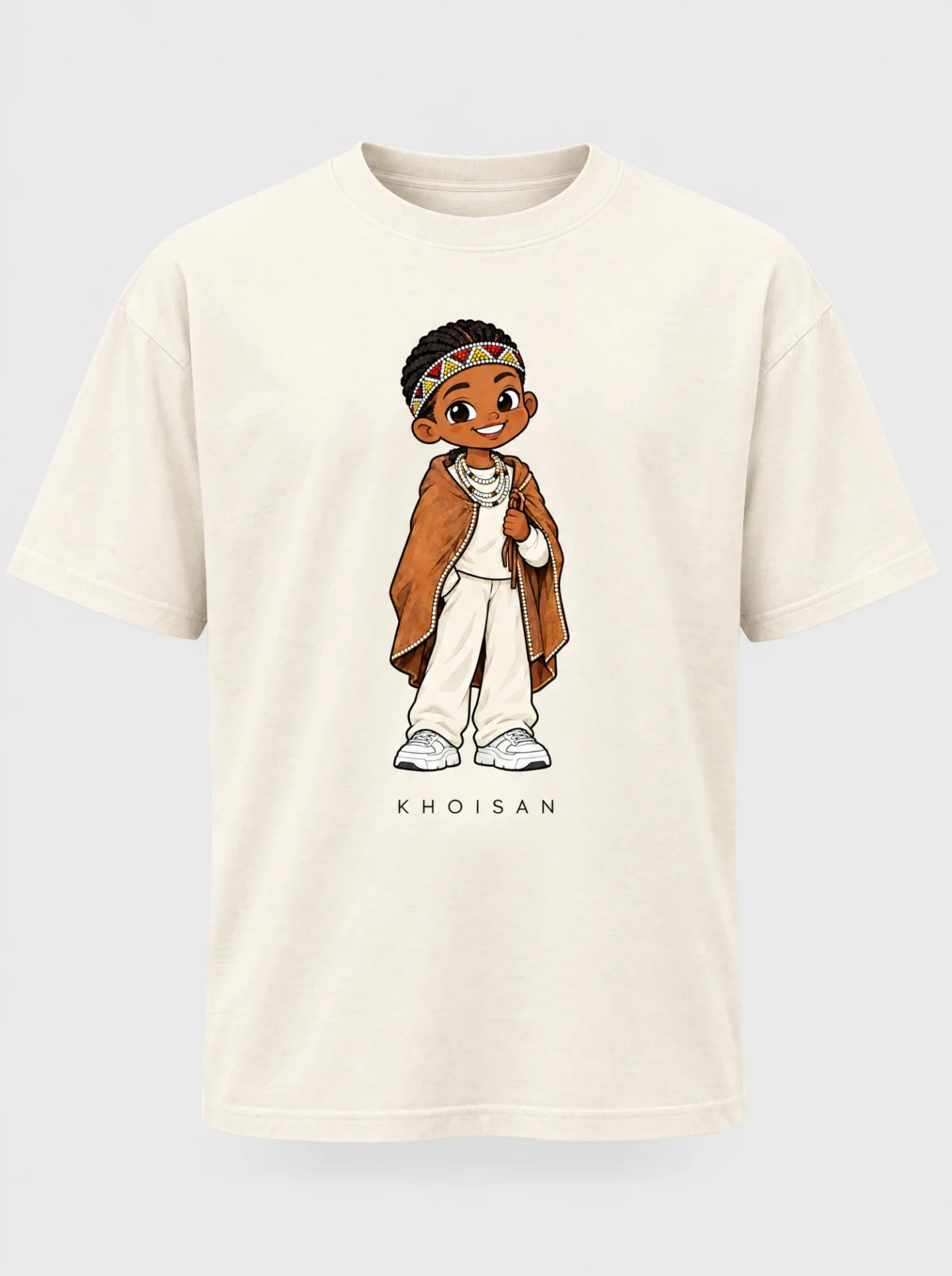 Cream heavyweight t-shirt printed with the Khoisan woman character from the Afroriginal heritage series