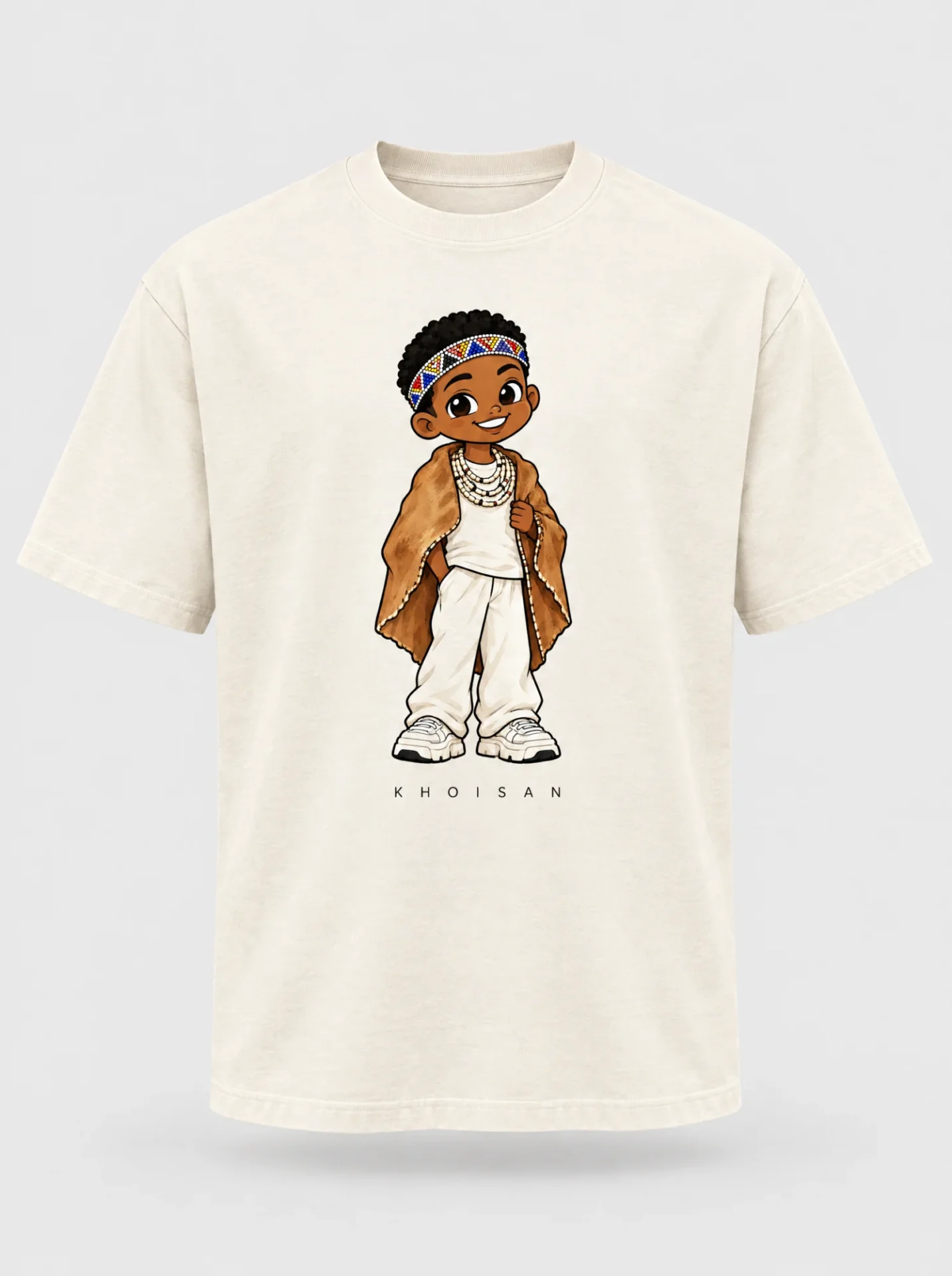 Cream heavyweight t-shirt printed with the Khoisan man character from the Afroriginal heritage series