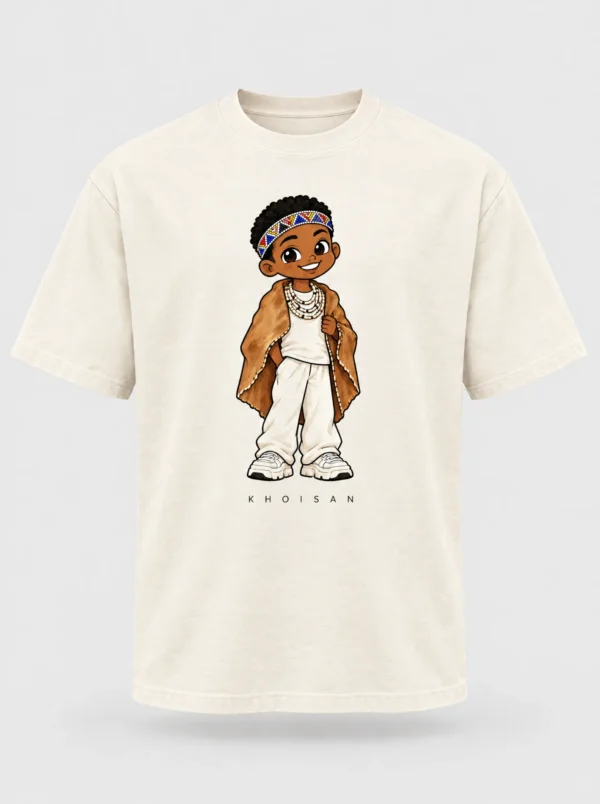 Cream heavyweight t-shirt printed with the Khoisan man character from the Afroriginal heritage series