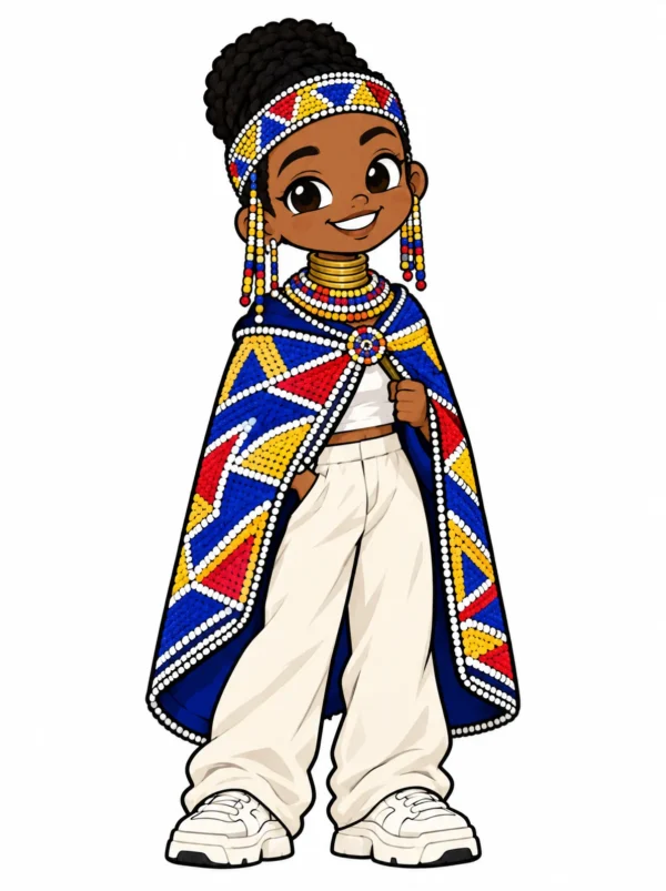 Cartoon illustration of a young Ndebele South African woman in traditional dress with modern streetwear