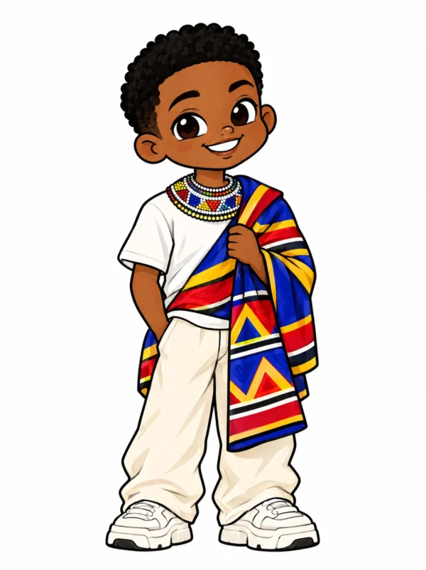 Cartoon illustration of a young Ndebele South African man in traditional dress with modern streetwear