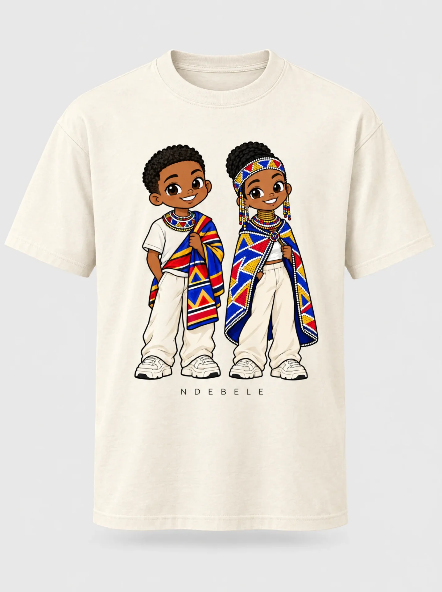 Cream heavyweight t-shirt printed with the Ndebele pair of Afroriginal heritage characters
