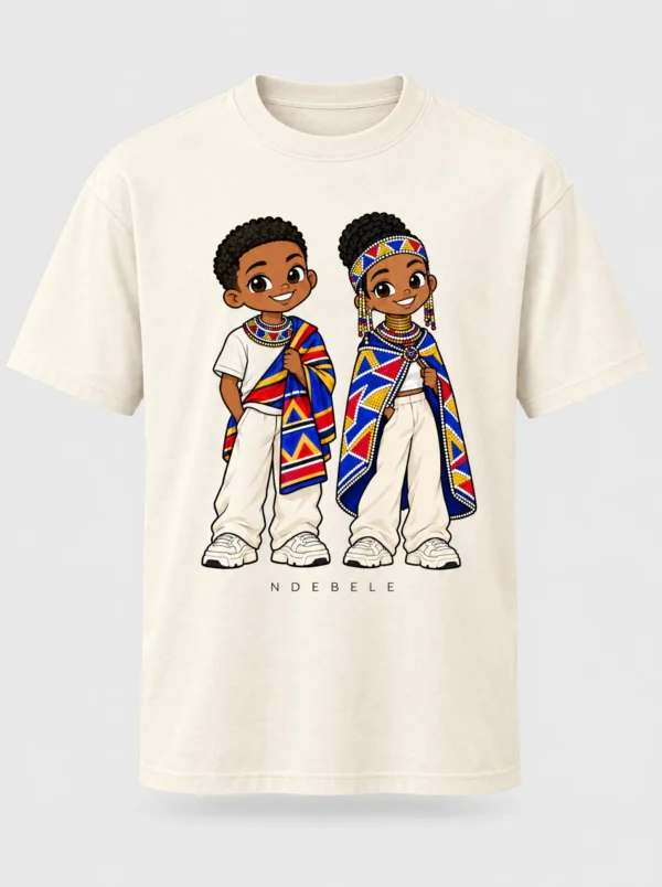 Cream heavyweight t-shirt printed with the Ndebele pair of Afroriginal heritage characters