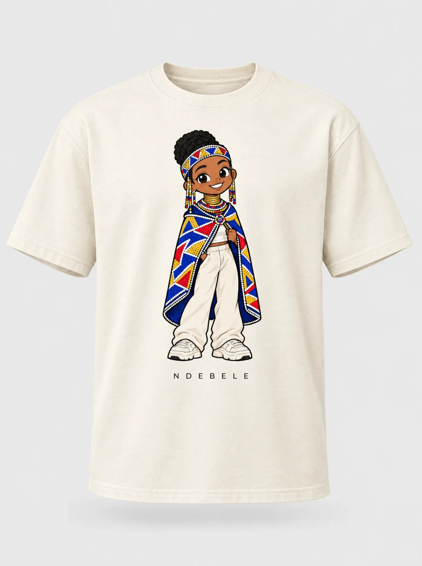 Cream heavyweight t-shirt printed with the Ndebele woman character from the Afroriginal heritage series