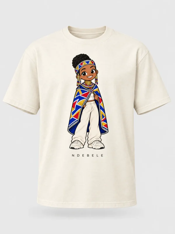 Cream heavyweight t-shirt printed with the Ndebele woman character from the Afroriginal heritage series