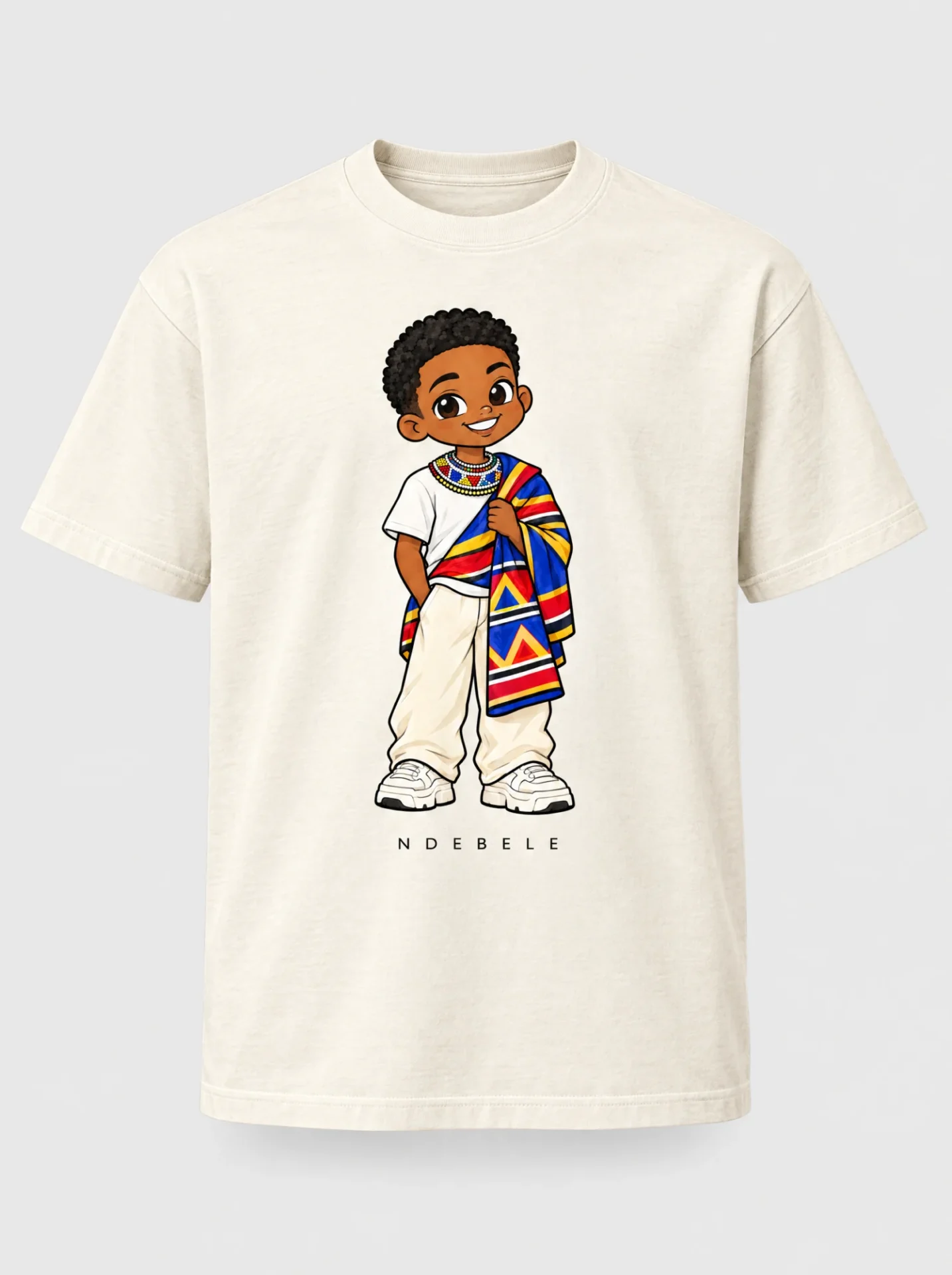 Cream heavyweight t-shirt printed with the Ndebele man character from the Afroriginal heritage series