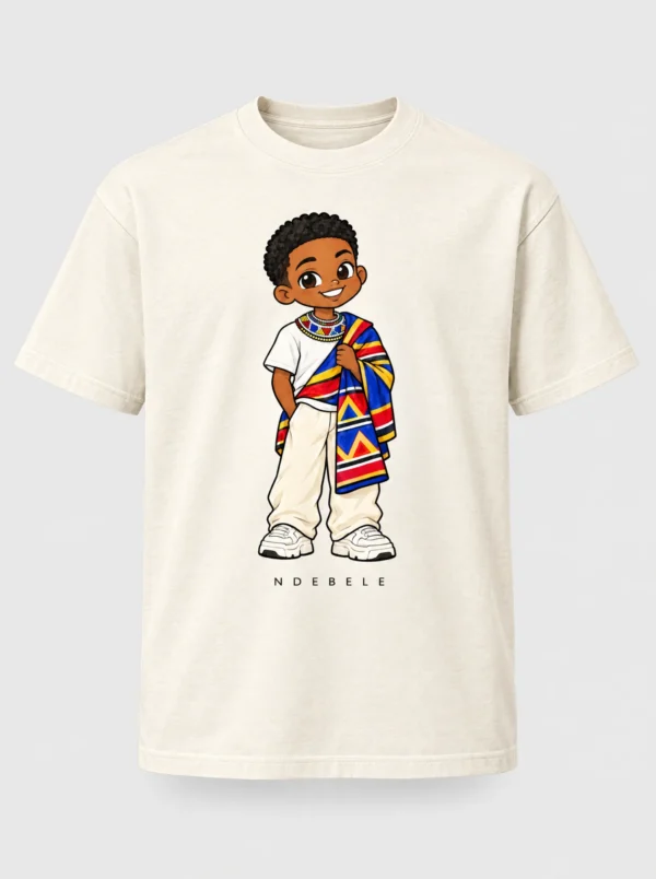 Cream heavyweight t-shirt printed with the Ndebele man character from the Afroriginal heritage series