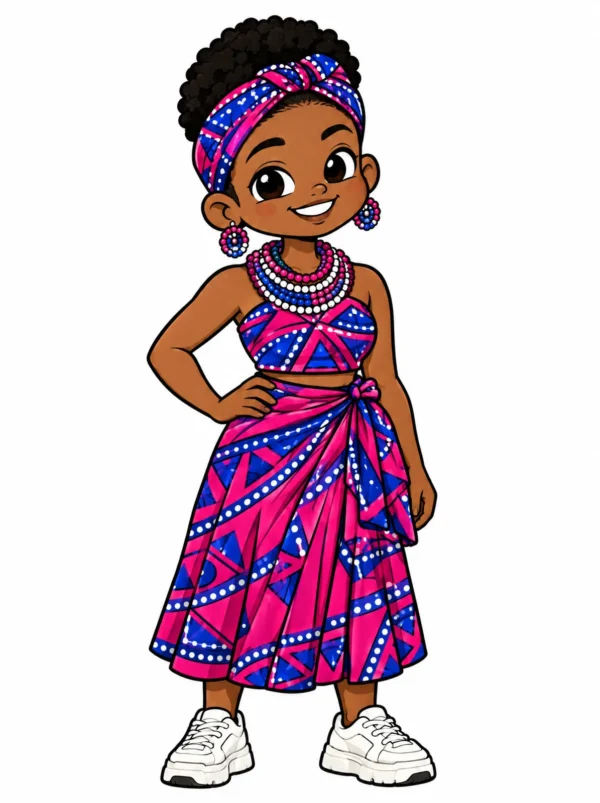Cartoon illustration of a young Pedi South African woman in traditional dress with modern streetwear