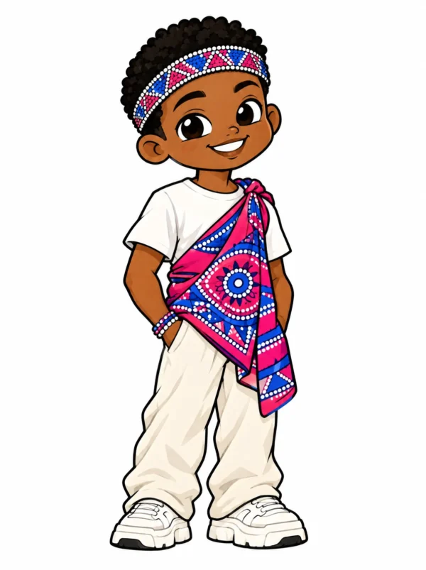 Cartoon illustration of a young Pedi South African man in traditional dress with modern streetwear